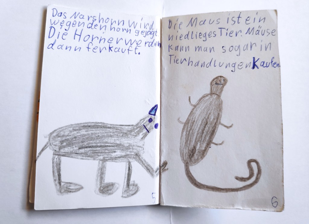 rhino and mouse drawn by a child with a short text